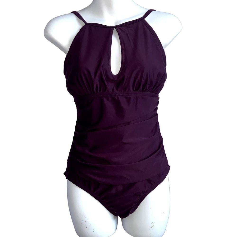Ellen Tracy One Piece Keyhole Front Ruching High Neck Swimsuit Small !